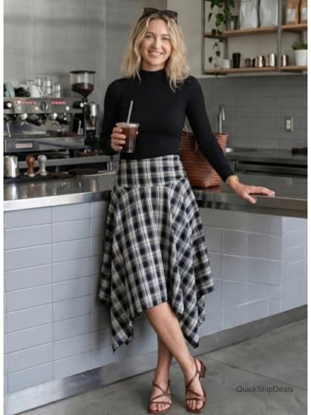 Plaid Midi Skirt Pleated A-Line Y2K Vintage Hanky Hem Flared - Picture 3 of 5